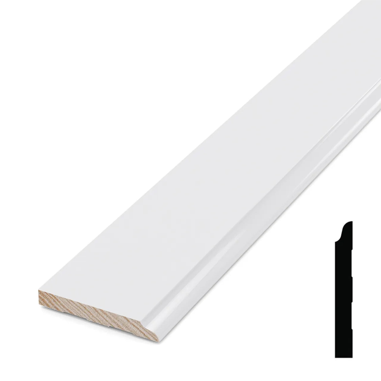 The Go Build 9/16 in. x 4-1/4 in. x 192 in. Primed Pine Finger Jointed Baseboard features a white, rectangular profile with smooth, glossy finish and slightly rounded edge; a small black cross-section view is shown on the right.
